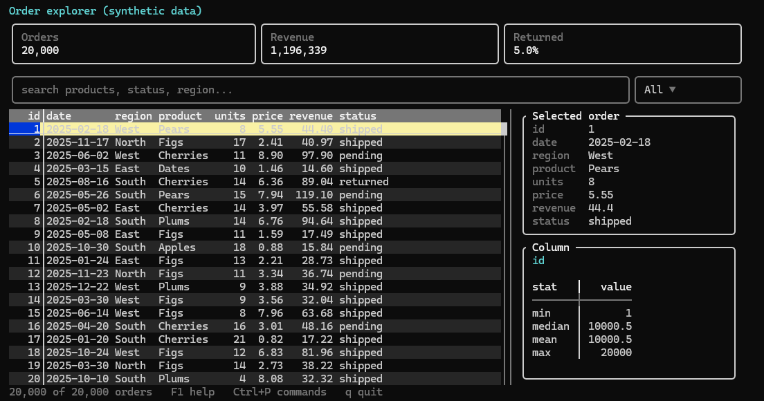 termr data explorer showing a virtualized table, metrics and row details