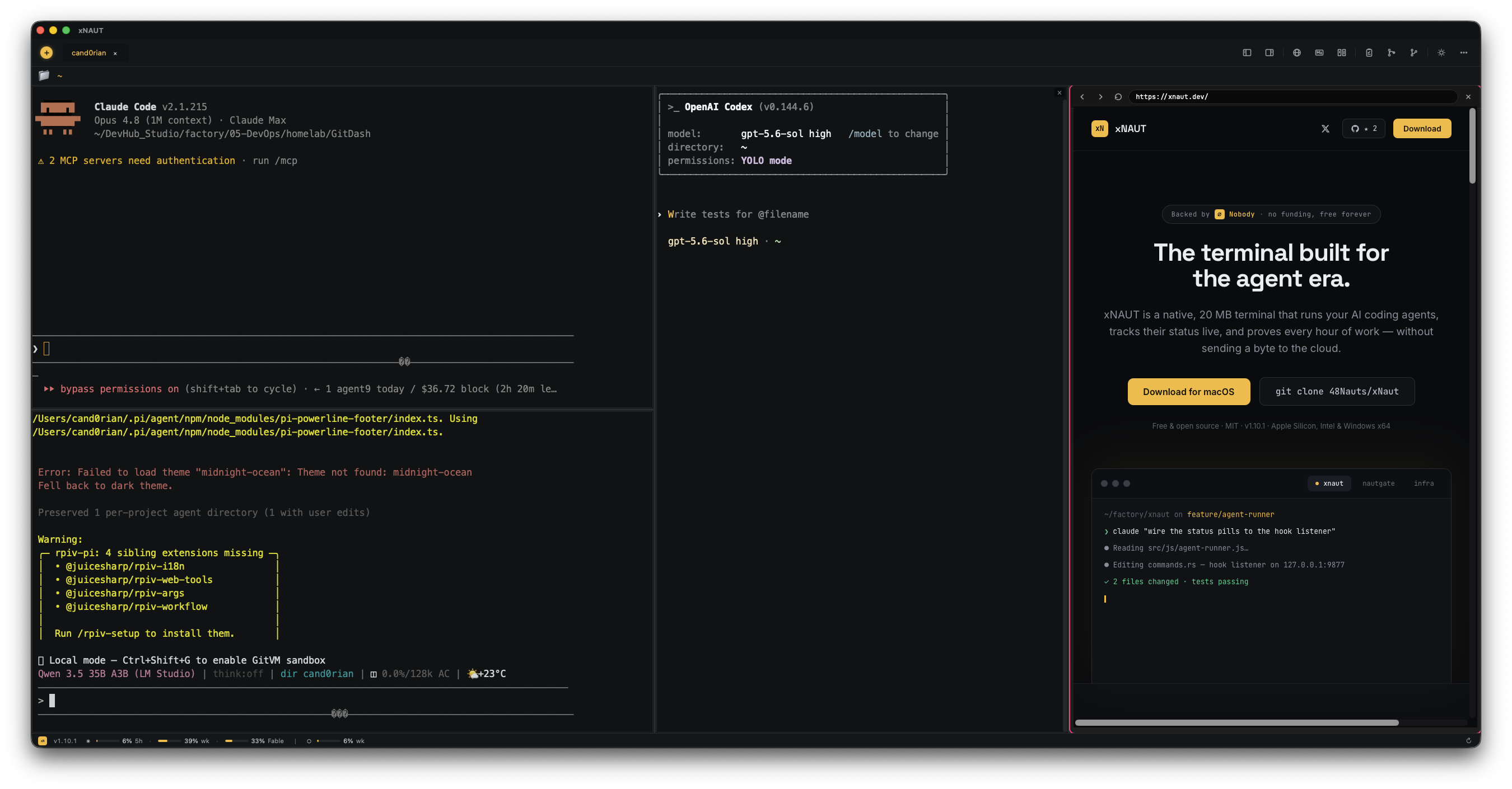 xNAUT — Claude Code and Codex running side by side, with the xnaut.dev site in a browser pane