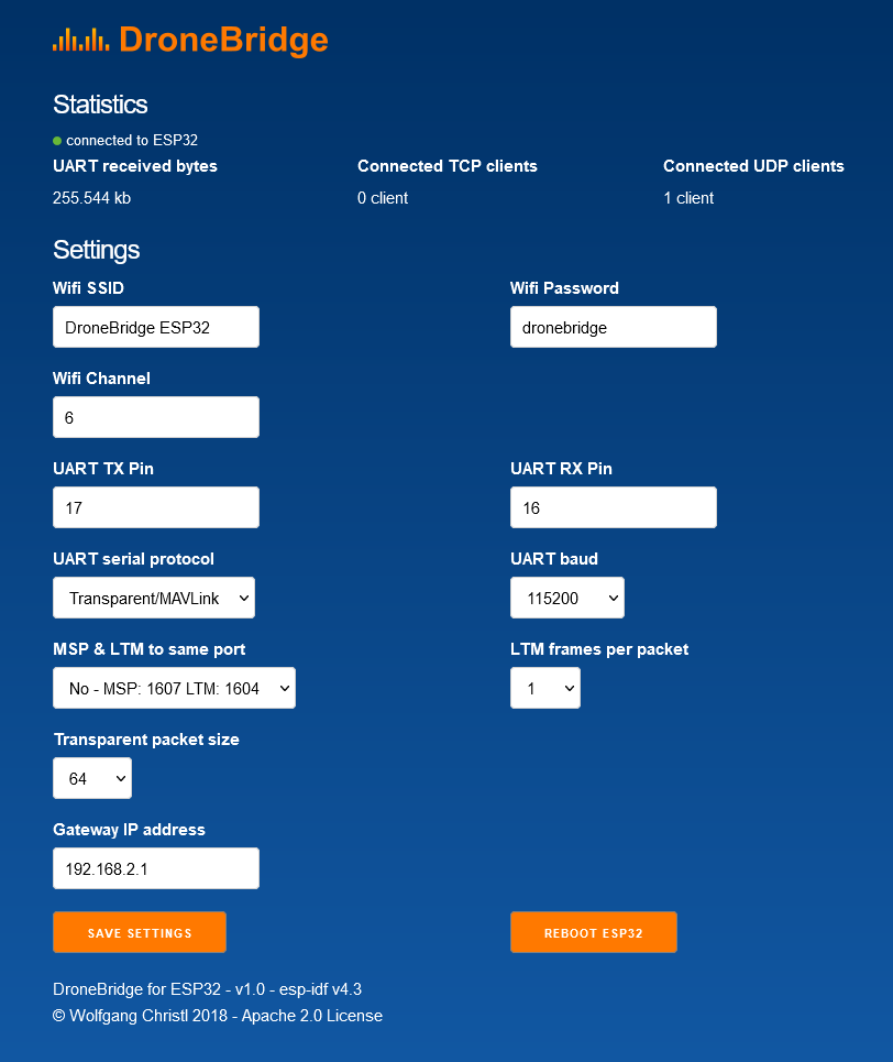 DroneBridge for ESP32 web interface