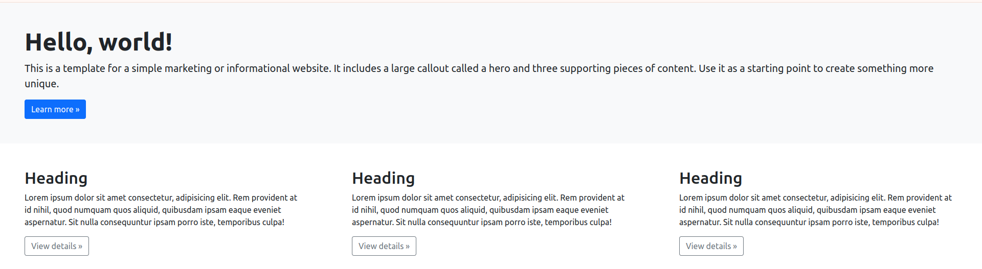 Finished exercise 06: a Bootstrap hero section headed Hello, world! with introductory text and a Learn more button, above three equal columns that each contain a heading, a paragraph and a View details button