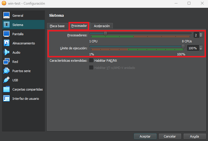 Procesadores de maquina virtual VirtualBox