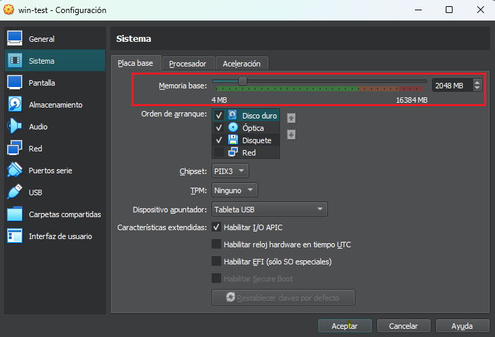 Memoria de maquina virtual VirtualBox