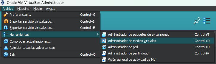 Menu network manager on VirtualBox