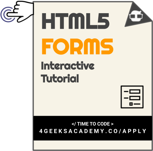 Portada del tutorial: una hoja de papel con la palabra HTML5 en gris oscuro sobre la palabra FORMS en naranja, el subtítulo Interactive Tutorial, un pequeño icono de un formulario con casillas y una franja negra al pie que dice time to code