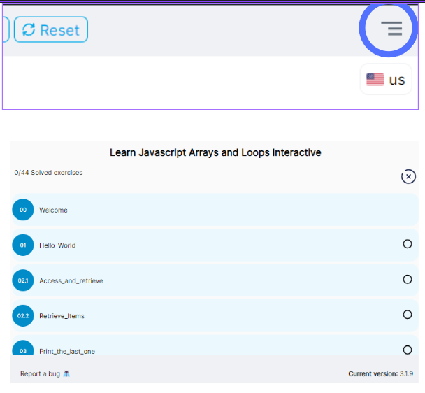Menú de ejercicios de LearnPack abierto, con la lista del 00 Welcome al 03 Print_the_last_one, el contador 0/44 Solved exercises y el selector de idioma con banderas