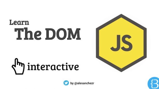 Cover image of the tutorial: the text "Learn The DOM interactive" next to the yellow JavaScript hexagon logo