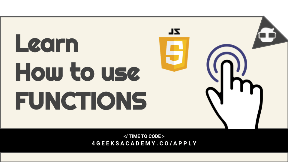 Tutorial cover: the words Learn How to use FUNCTIONS next to the yellow JavaScript logo and a hand icon clicking a button