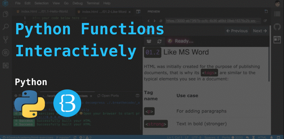 Vista previa animada del tutorial de LearnPack dentro de VS Code: el editor de código con app.py a la izquierda y las instrucciones del ejercicio con los botones Previous y Next a la derecha