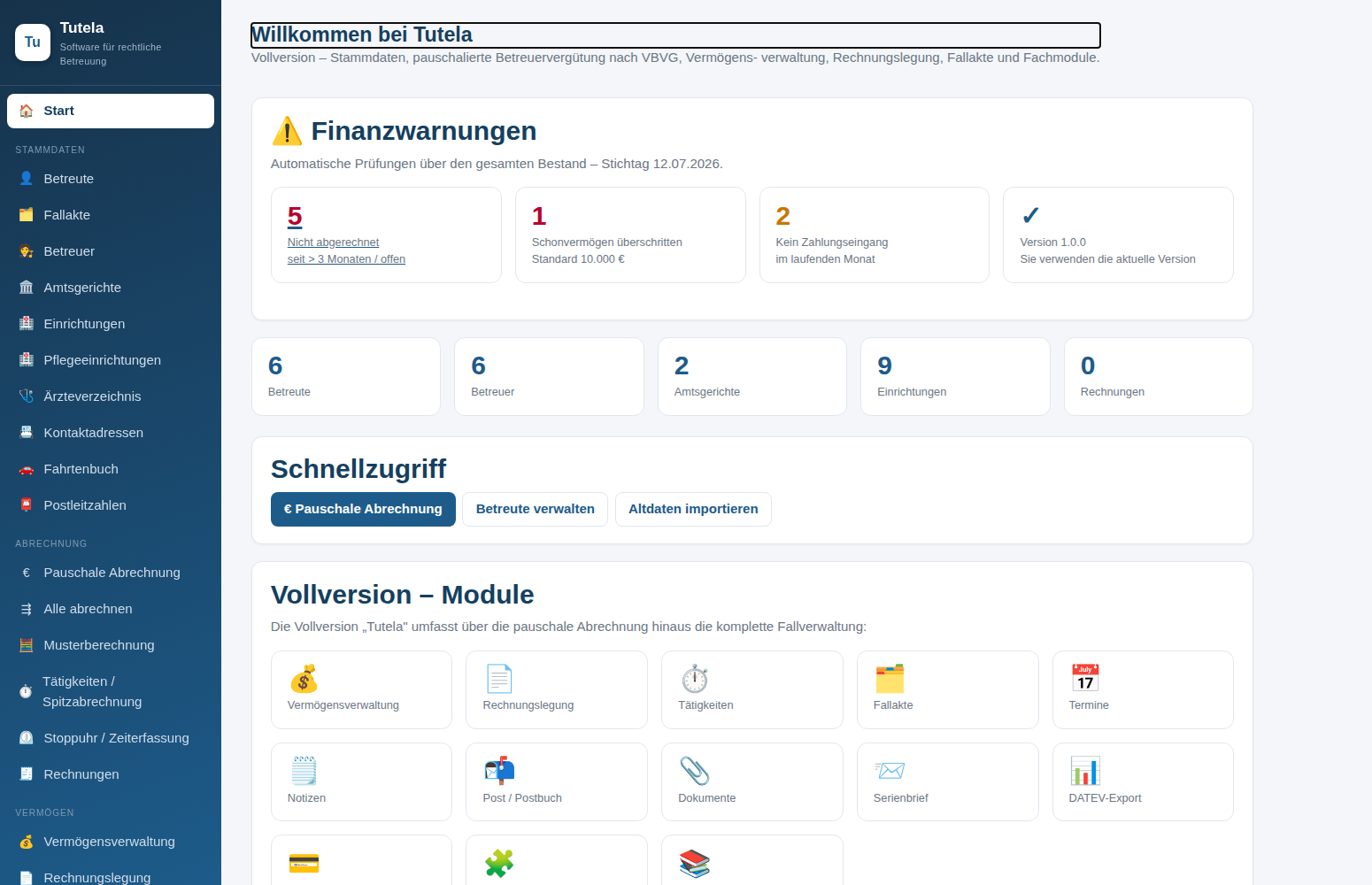 Tutela Startseite mit Finanzwarnungen und Schnellzugriff