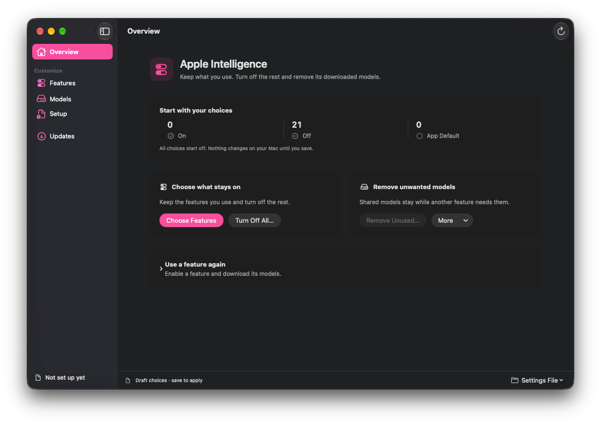 Pared’s Overview page with a choice summary, feature controls, model removal, and expandable downloads