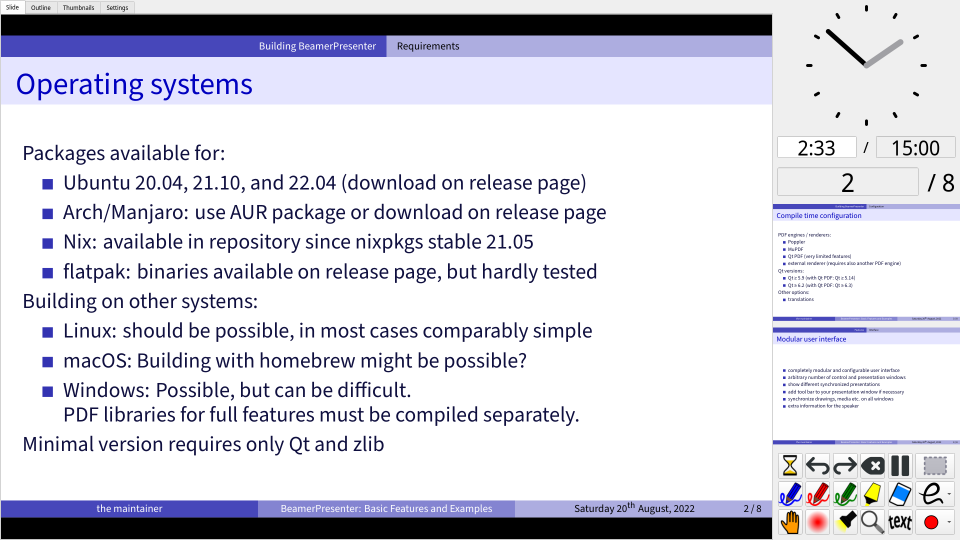 Large image of the current slide of a presentation. Next to it a clock, timer, page label, previews of the next slides, and some buttons.