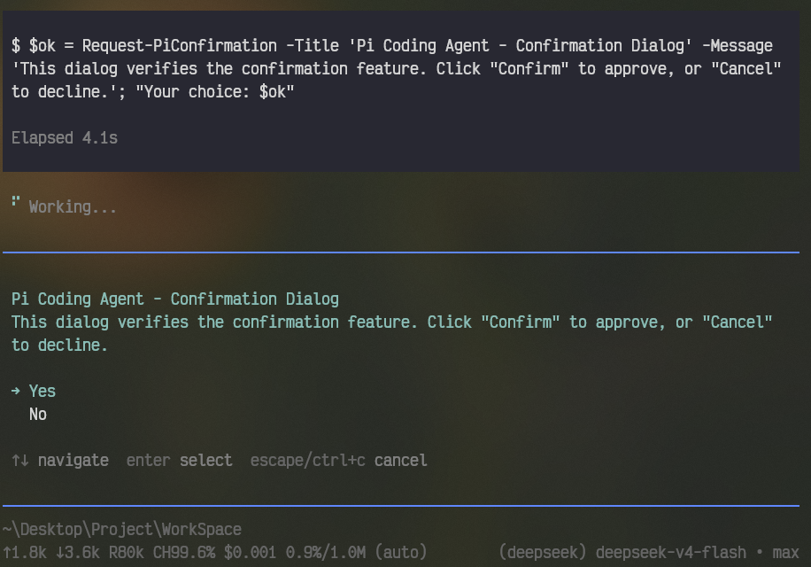 Example of user requests in the pi TUI