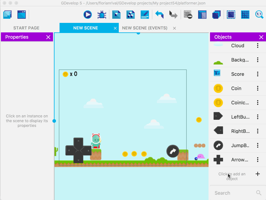 GDevelop in action, used to add a trigger in a platformer game