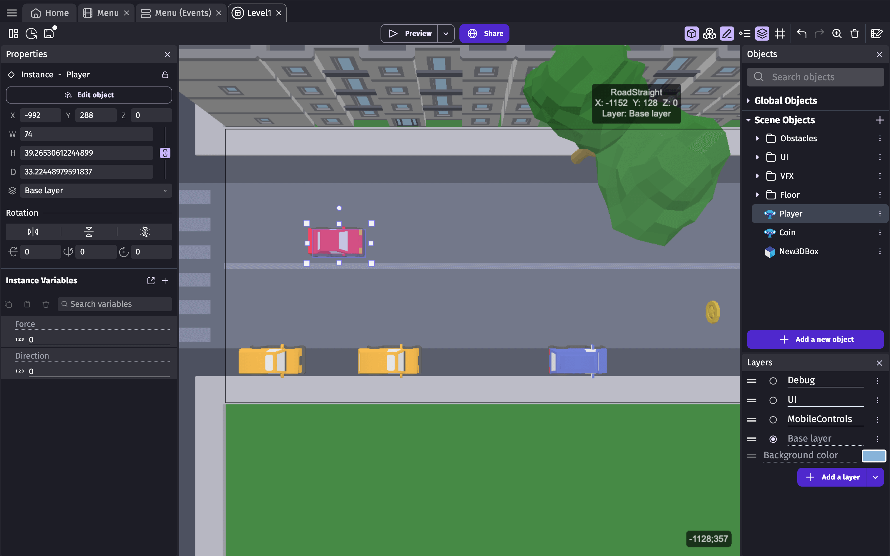 GDevelop scene and event editing workspace