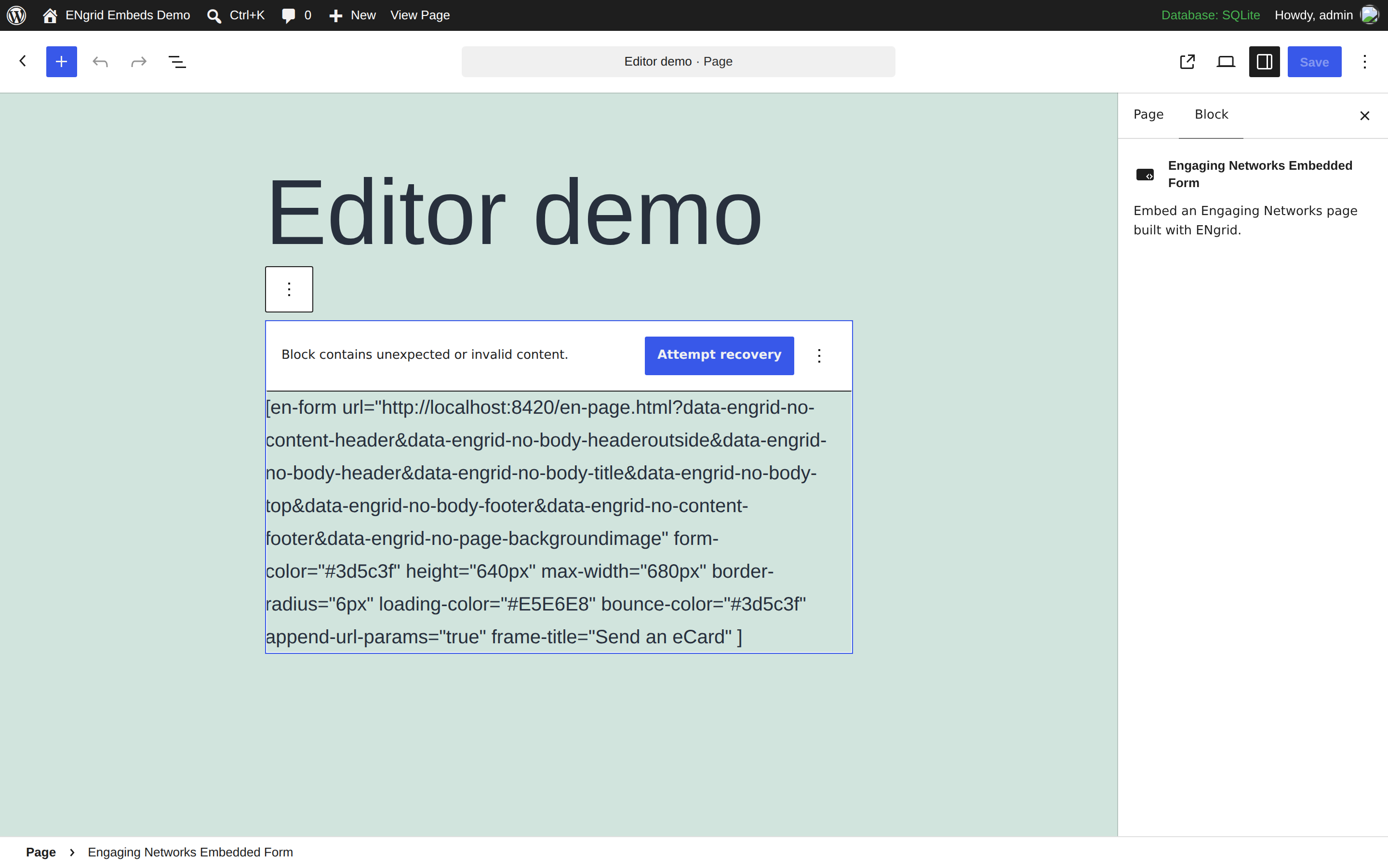 The block selected, with its settings sidebar open