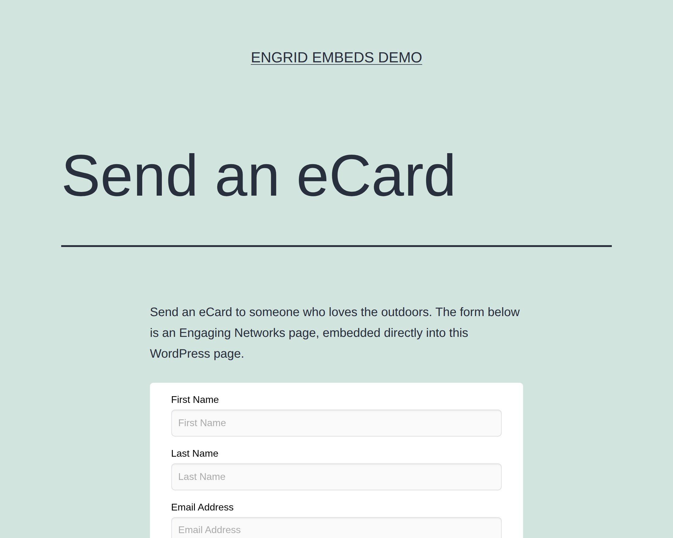 An Engaging Networks eCard page embedded in a WordPress page