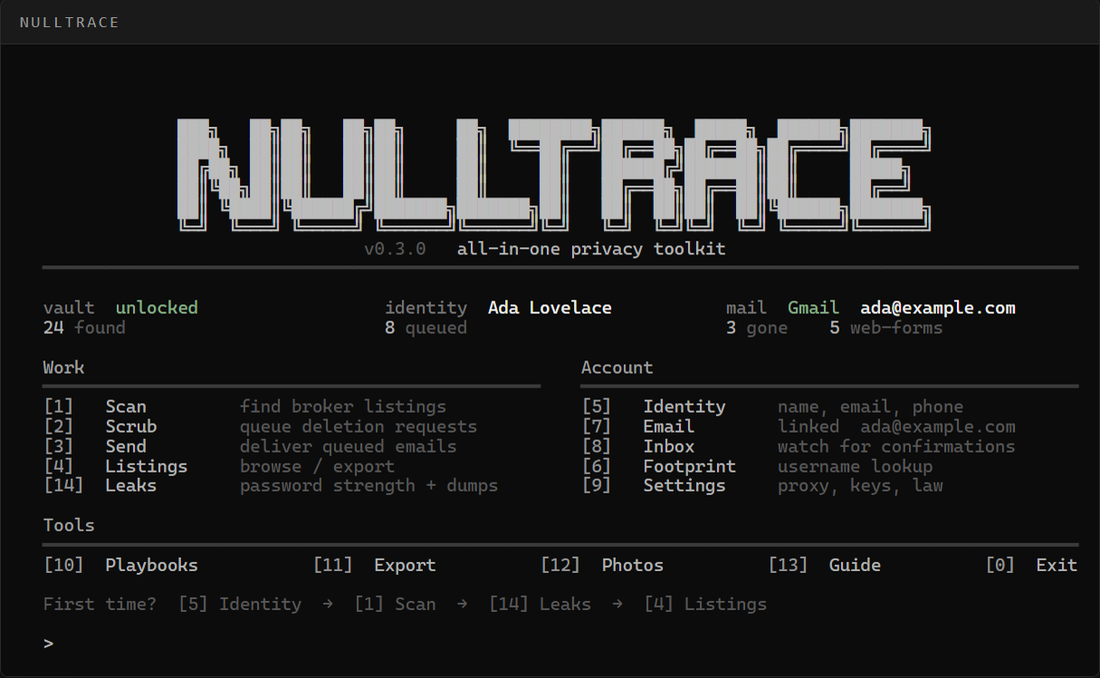 NullTrace home menu
