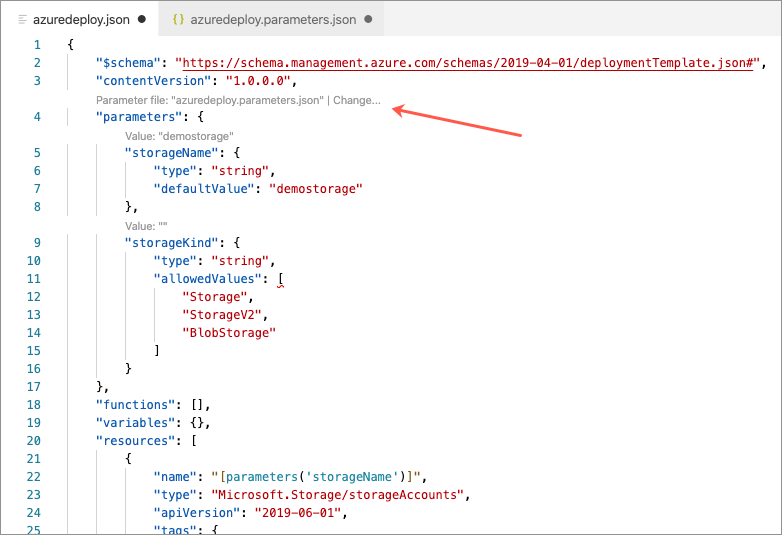 Image showing that the parameter code lens has been updated to reflect associated parameter file