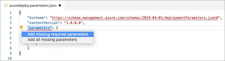 Image showing missing parameter options (Add missing required parameters, Add all missing parameters)