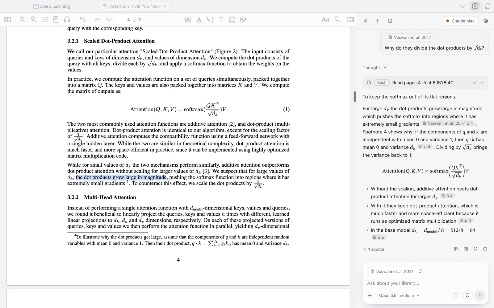 Zotero with "Attention Is All You Need" open on page 4. The Zotero Agent panel on the right explains why the dot products are scaled by the square root of d_k, with page citations; clicking one has highlighted the cited sentence in the PDF.