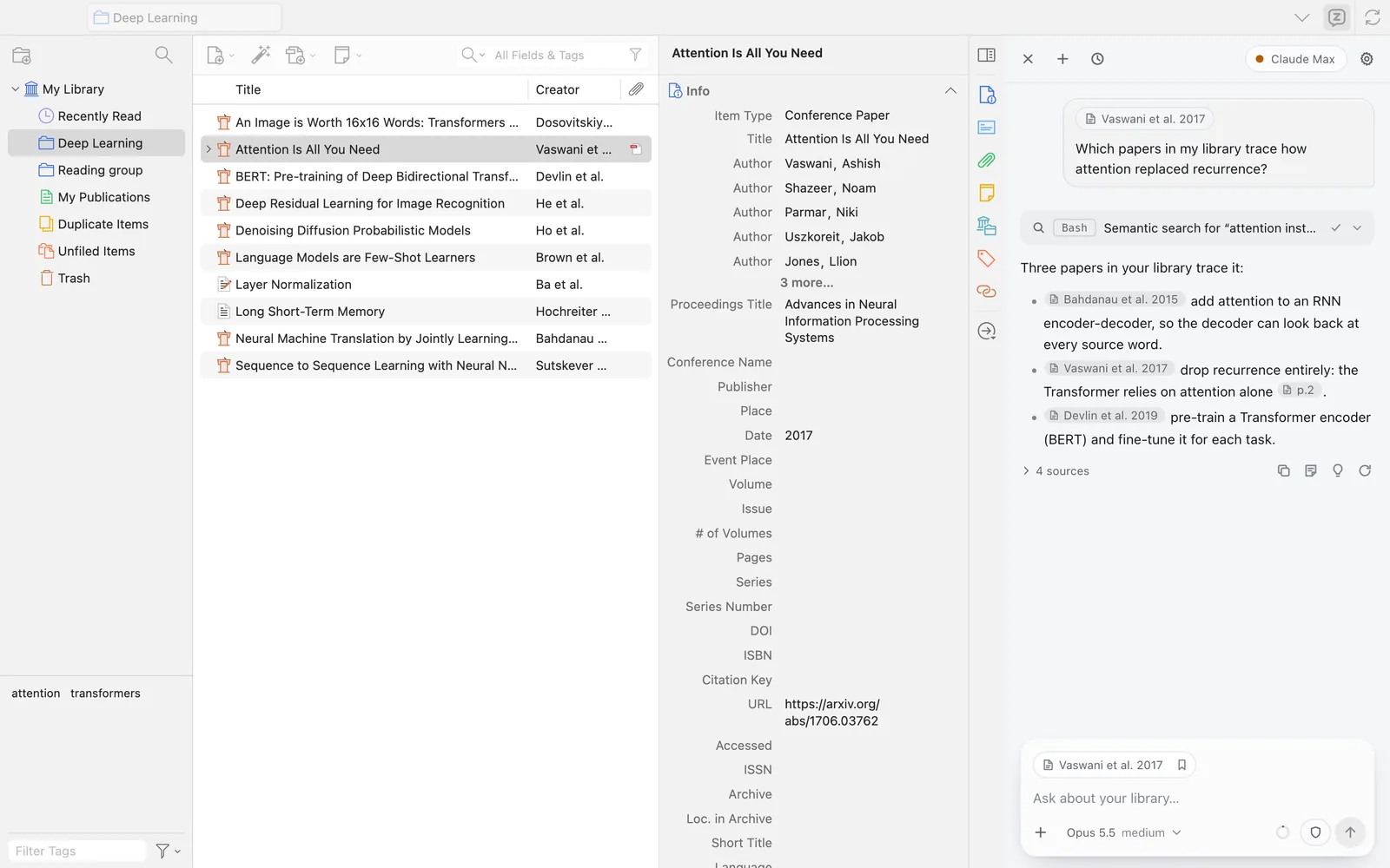 Zotero's library view with a Deep Learning collection. The Zotero Agent panel answers which papers in the library trace how attention replaced recurrence, linking Bahdanau et al. 2015, Vaswani et al. 2017 and Devlin et al. 2019.