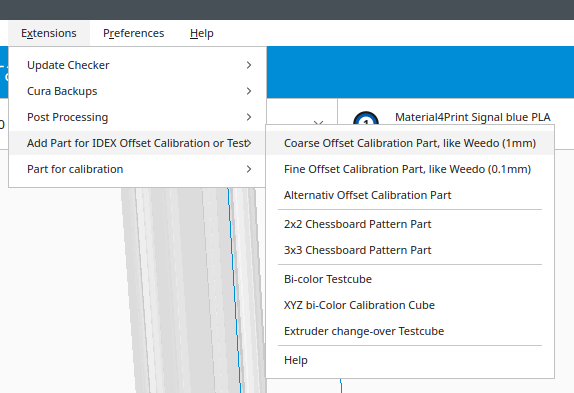 menu Extensions IDEX Calibration Parts