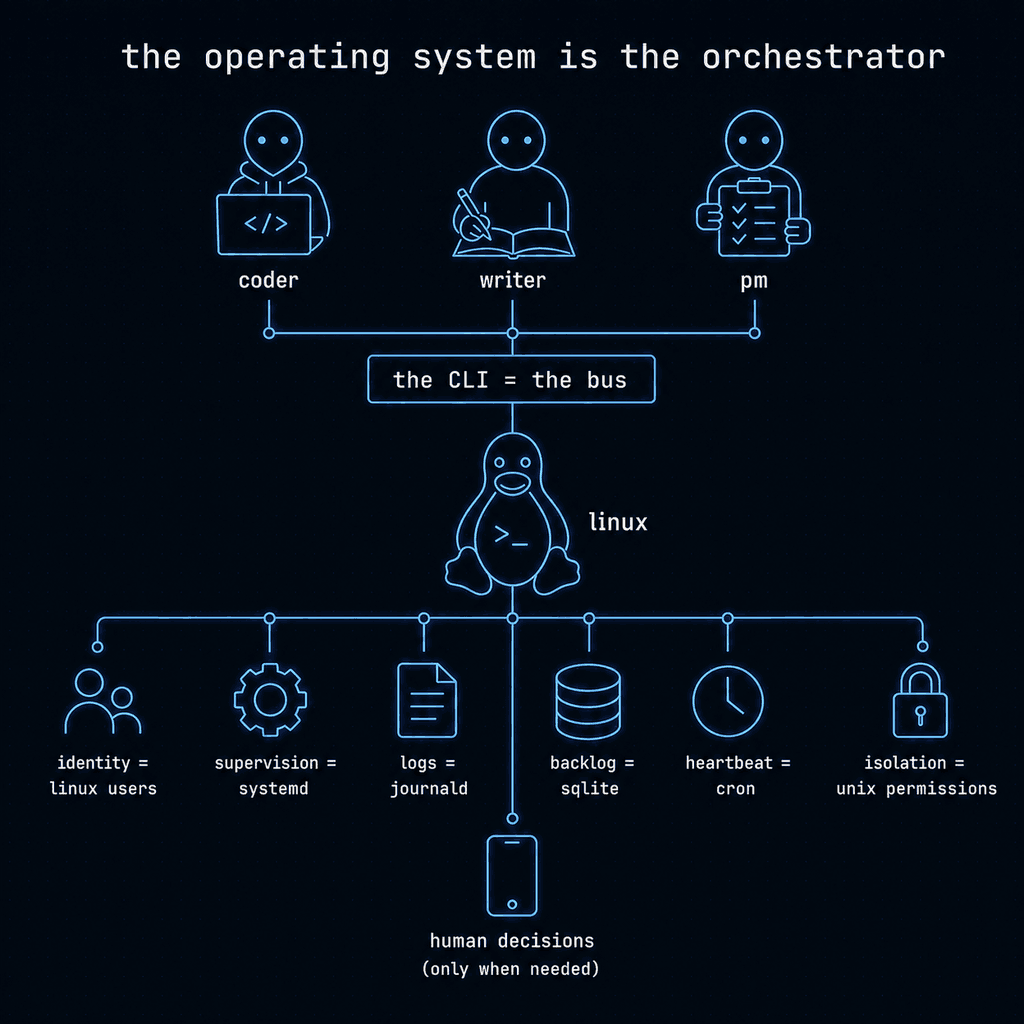 the operating system is the orchestrator: coder, writer and pm agents coordinate through the 5dive CLI (the bus) on one Linux host, identity is Linux users, supervision is systemd, logs are journald, backlog is SQLite, heartbeat is cron, isolation is unix permissions; humans decide only when needed