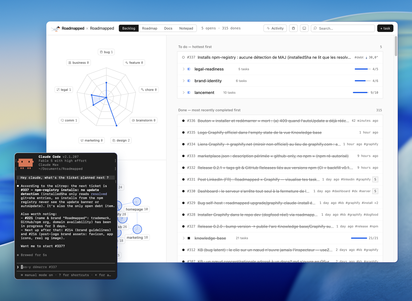 Roadmapped dashboard — Backlog view, with the agent working the queue