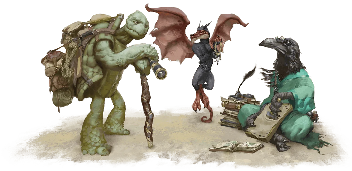 Experts, Left to Right: a Tortle, a Winged Kobold, and a Kenku