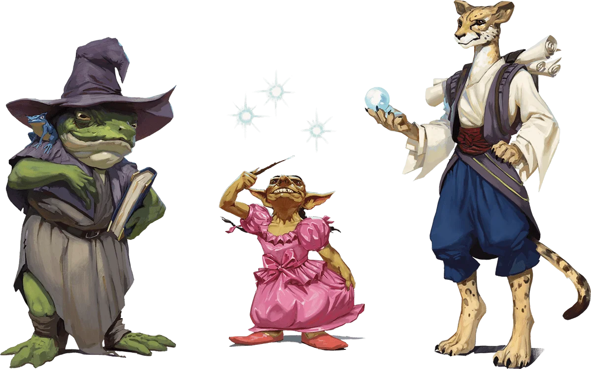 Spellcasters, Left to Right: a Bullywug, a Goblin, and a Tabaxi