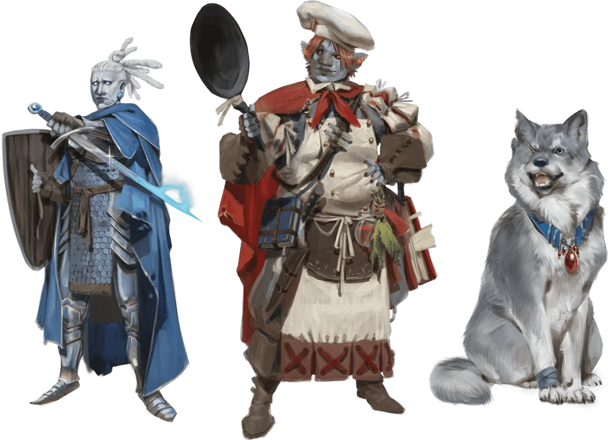 Warriors, Left to Right: an Aasimar, a Firbolg, and a Wolf