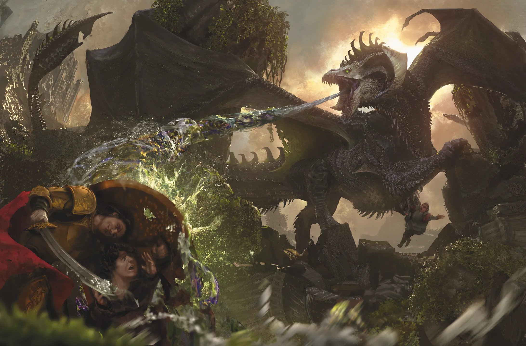 A Fighter stands between an ally and the onslaught of a black dragon