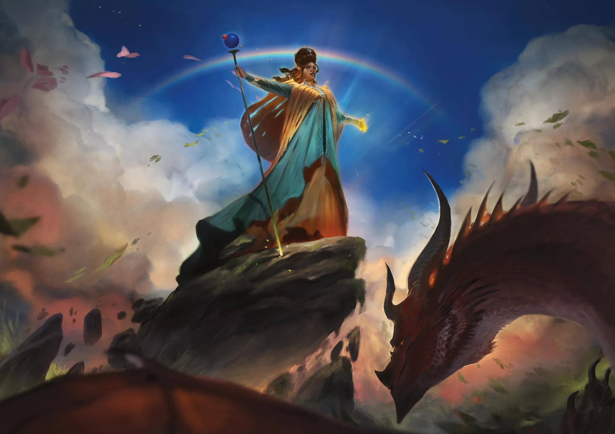 The elf queen Yolande awes a red dragon with her spell, Yolande's Regal Presence