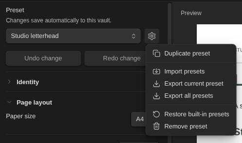 The preset gear menu, including Duplicate preset, Import presets, export options, Restore built-in presets and Remove preset.