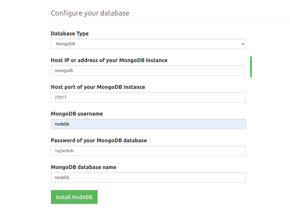 Example parameters for mongo setup