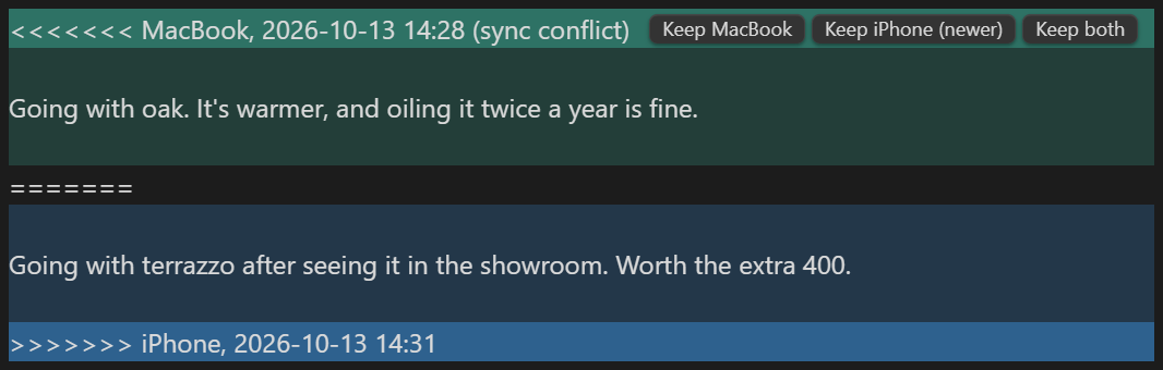 A sync conflict in a note, with Keep MacBook, Keep iPhone (newer) and Keep both buttons