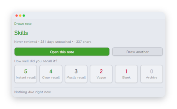 Spaced Dive in the sidebar: a drawn note, its review state, the two actions and the 0–5 score grid