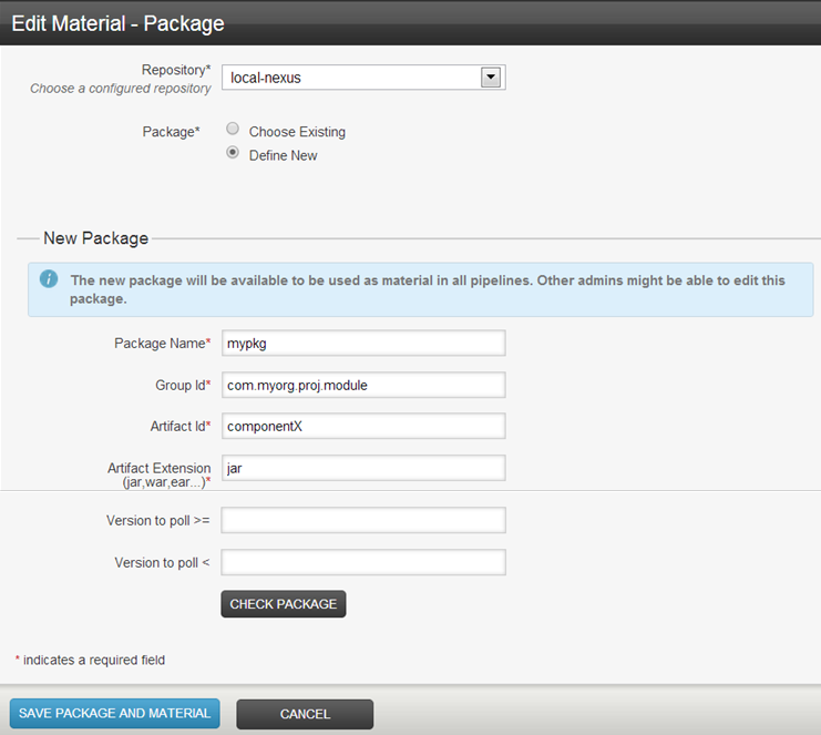 Define a package as material for a pipeline