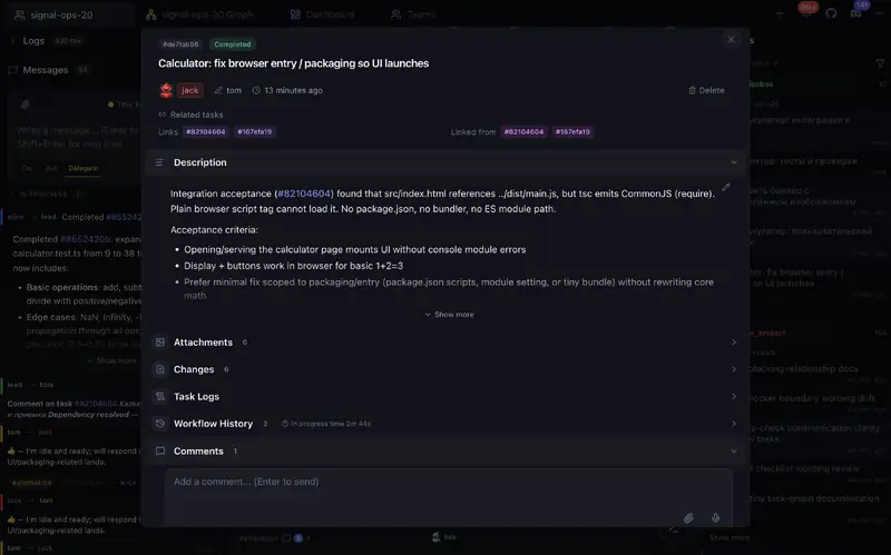 Task details, attachments, and execution logs