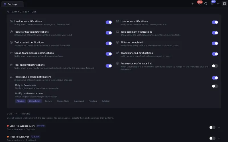 Team notification settings and built-in triggers