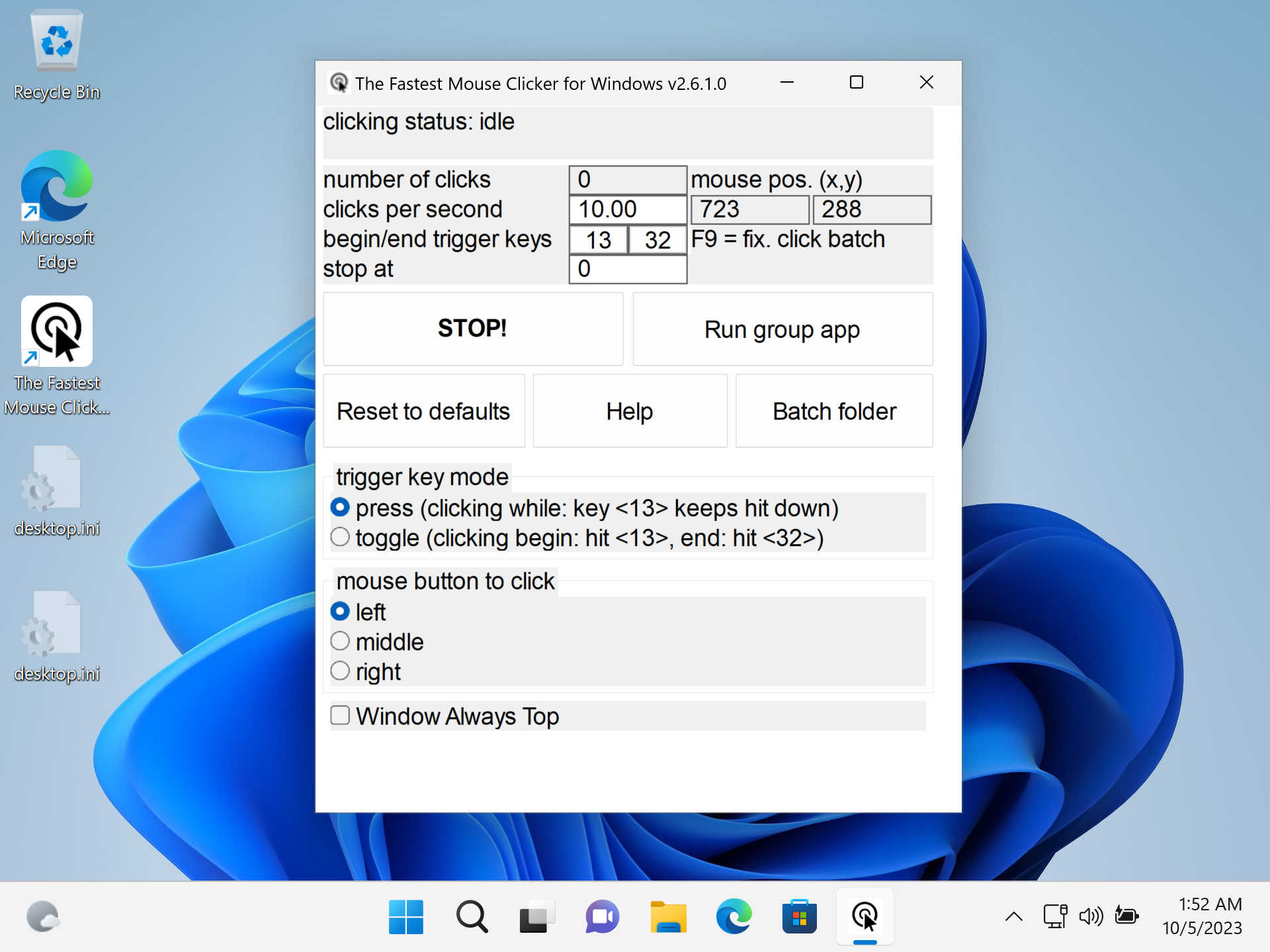 The Fastest Mouse Clicker for Windows version 2.6.1.0 - Brand new Windows 11 22H2 screenshot.