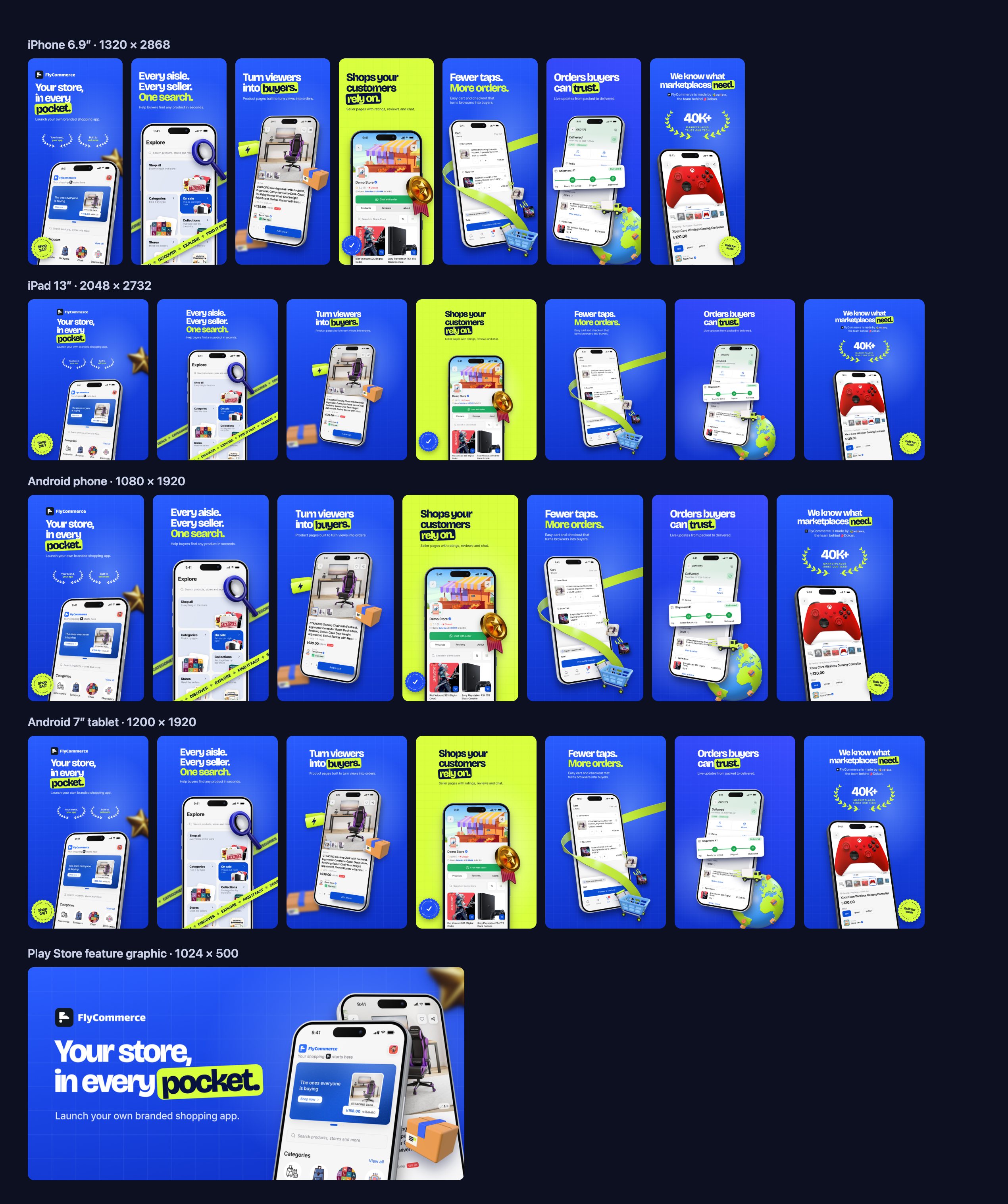 The same set in iPhone, iPad, Android phone and Android tablet sizes, plus the feature graphic