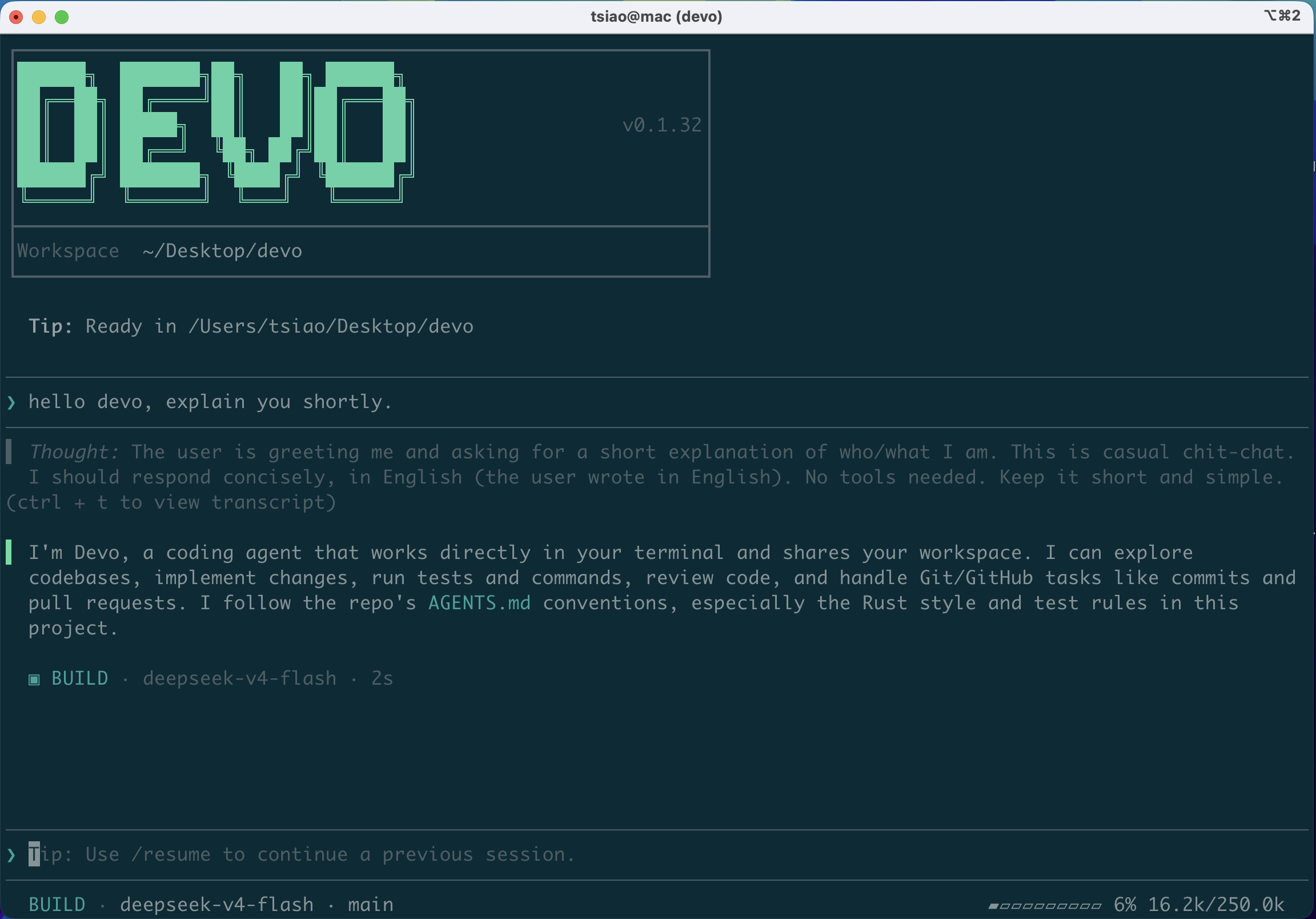 Devo terminal TUI coding agent running in a local repository with model, context, and token status