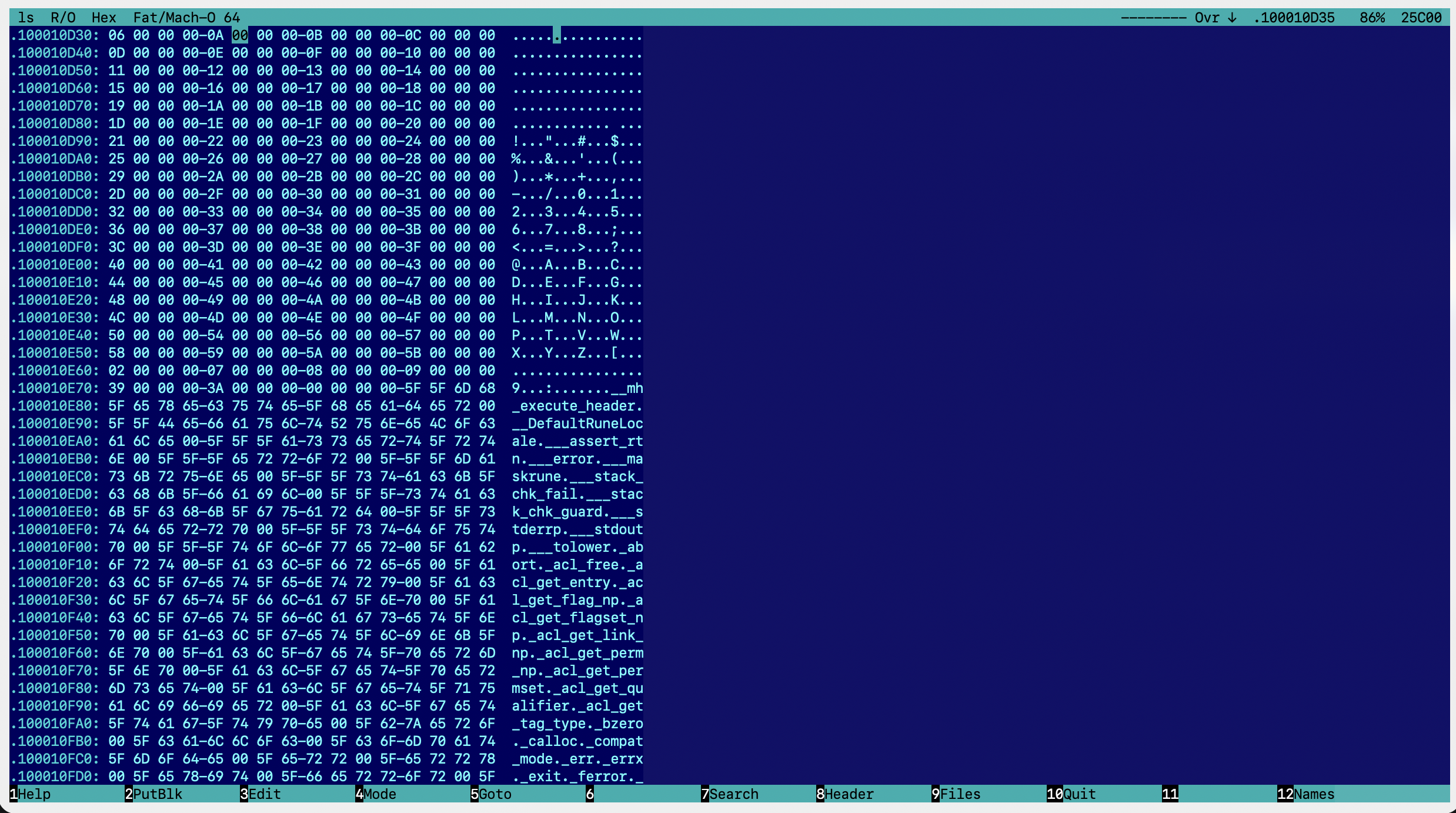 Hex mode: symbol strings of /bin/ls