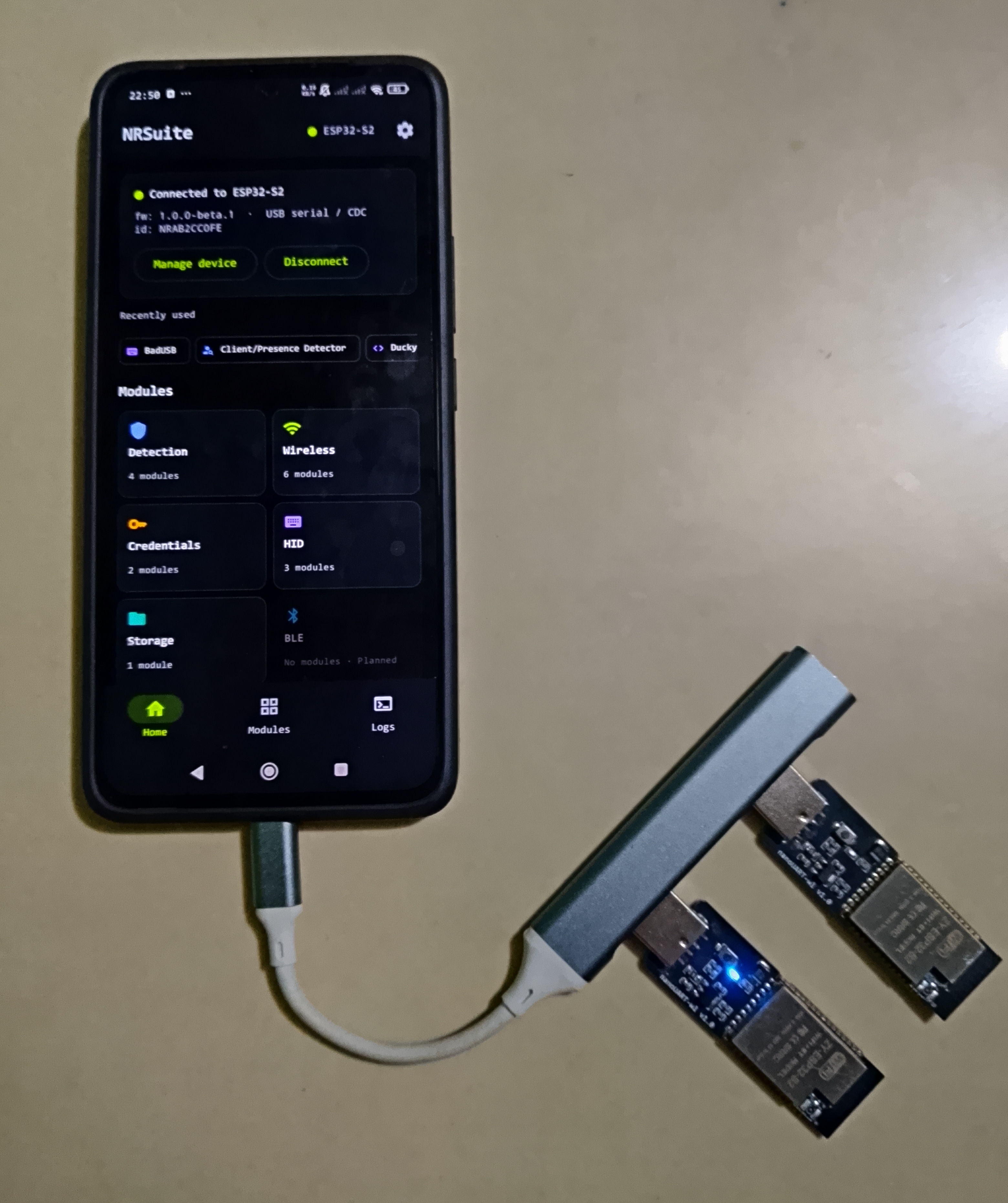 USB hub and ESP32-S2 hardware setup