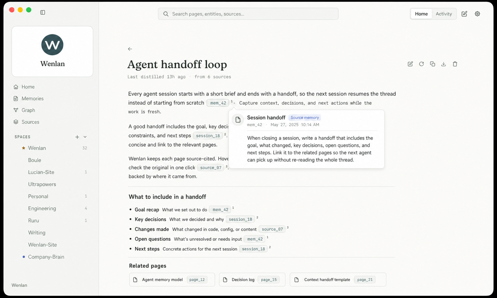 Wenlan desktop app showing a source-backed wiki page with inspectable citations.