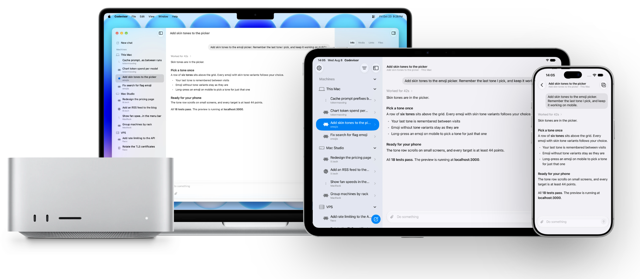 Codevisor on Mac, iPad, and iPhone with the same “Add skin tones to the picker” chat open on each, and projects on This Mac, Mac Studio, and VPS in the sidebar