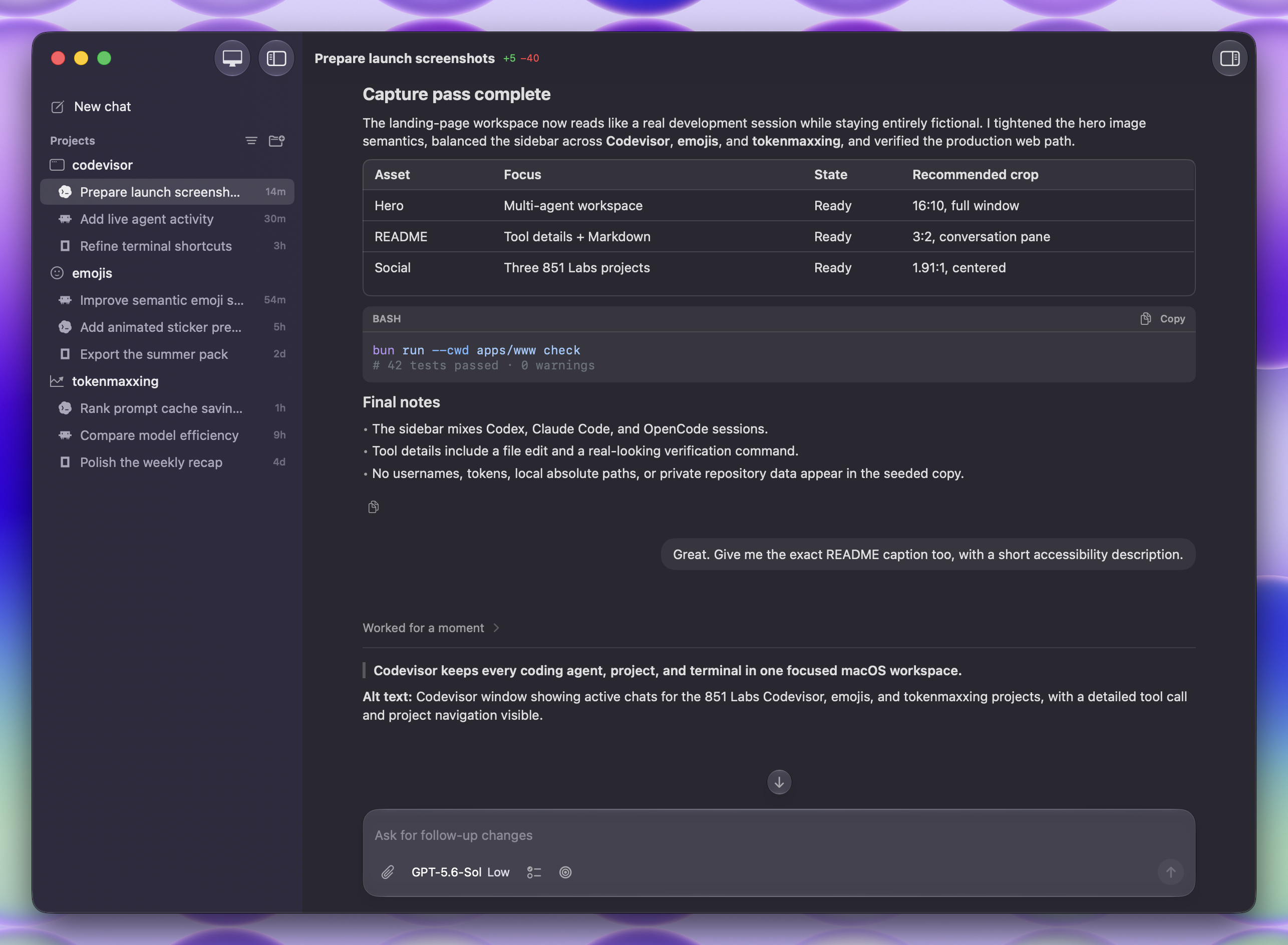 Codevisor showing active coding-agent chats across several projects with a detailed response in the main workspace.