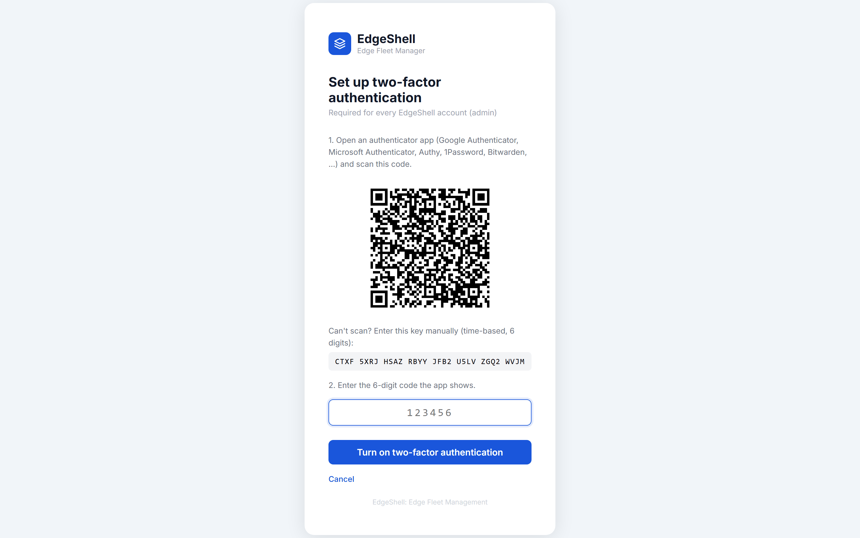 Two-factor setup page with a QR code and the key for manual entry