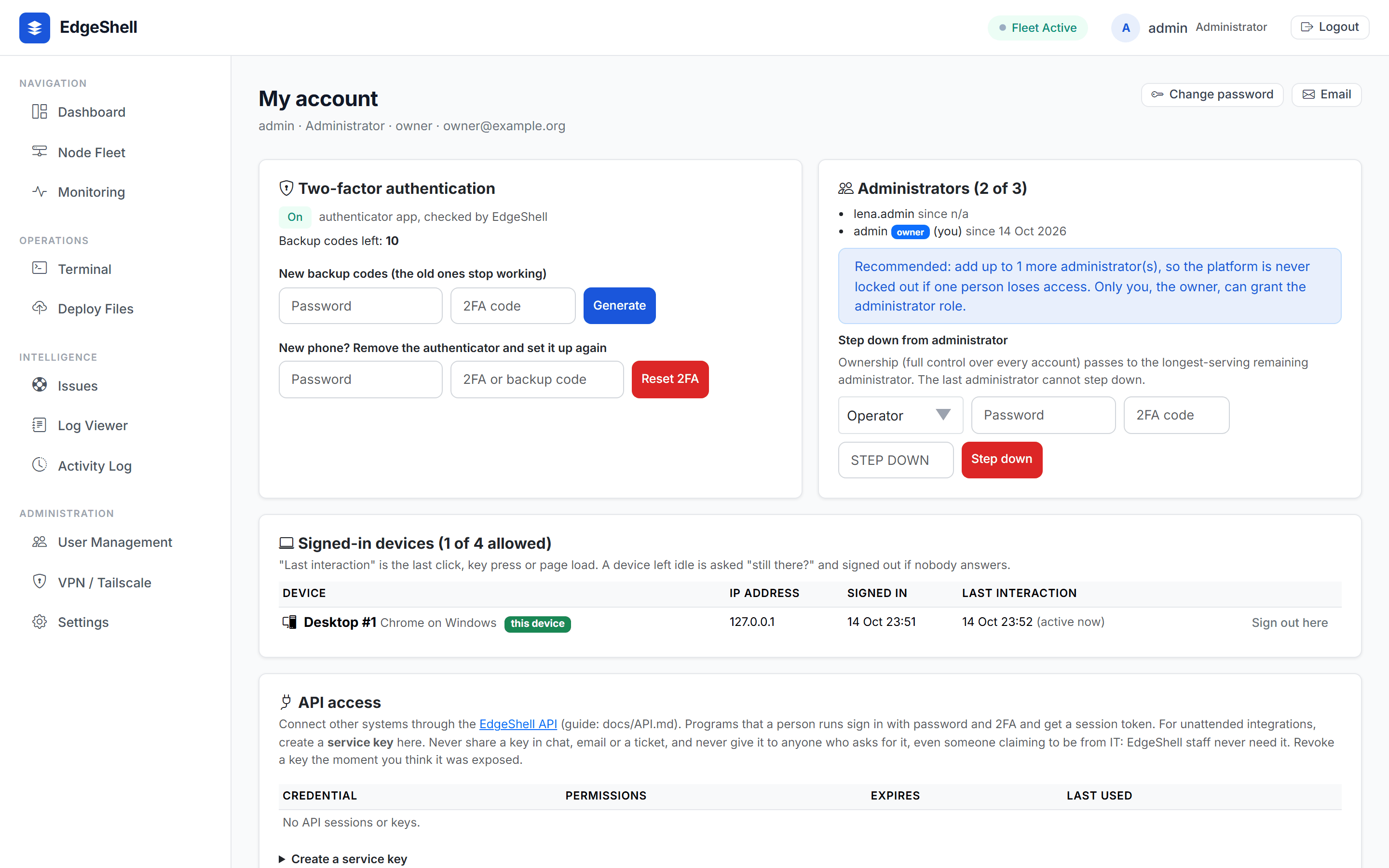 My account page with two-factor status, administrators and signed-in devices